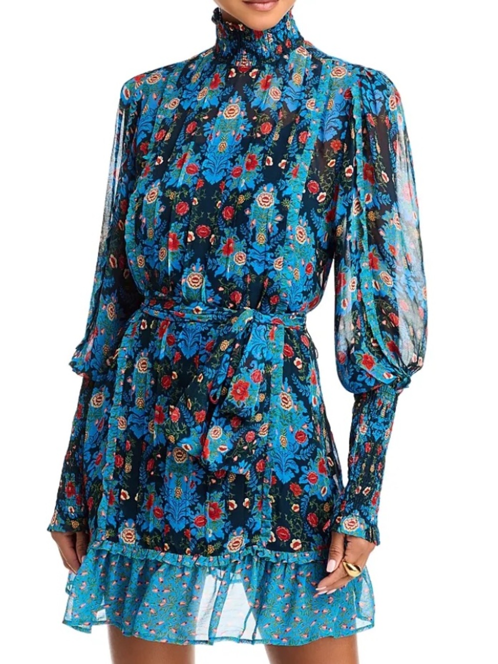 NEW Farm Rio Arabesque Floral Long-Sleeve High-Neck Mini Dress Small